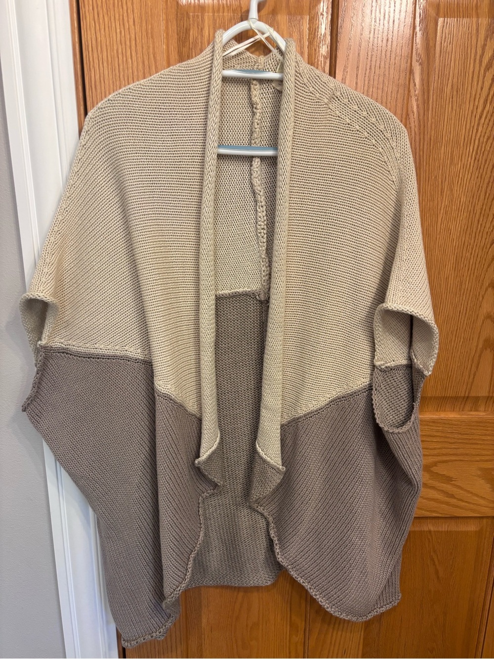lovestitch Two-Tone Open Front Sweater in Beige and Taupe